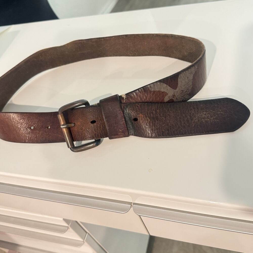 Vtg American Eagle Leather Belt Sz 30 Flying Eagle Graphic Print Wide Brown